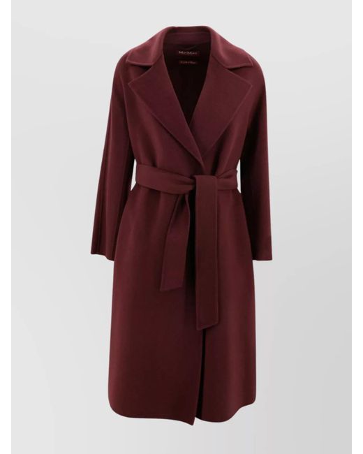 Max Mara Red Waist Belted Lapel Coat With Long Sleeves