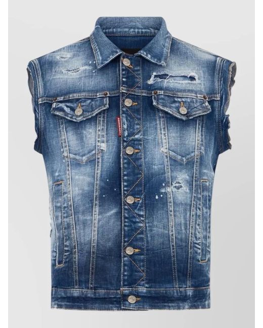 DSquared² Blue Sleeveless Blazer Raw Cut Hem Front Pockets for men