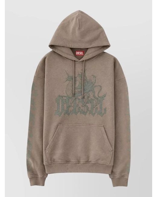 DIESEL Gray Hooded Relaxed Top Kangaroo Pocket Ribbed Cuffs Hem for men