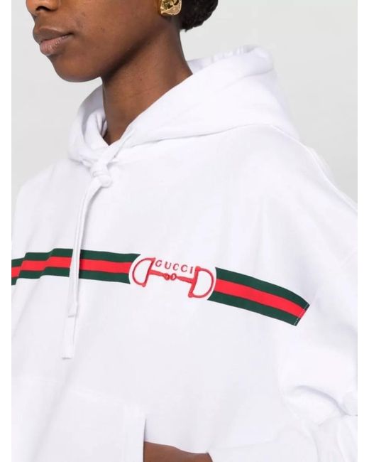 Gucci White Hooded Top Drawstring Kangaroo Pocket Ribbed