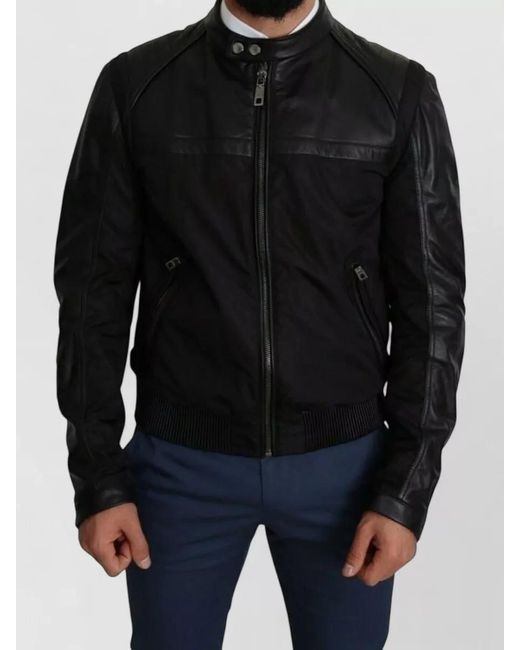 Dolce & Gabbana Black Leather Nylon Bomber Jacket for men
