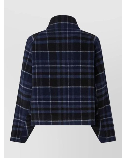 Pinko Blue Plaid Cropped Jacket High Collar Pockets