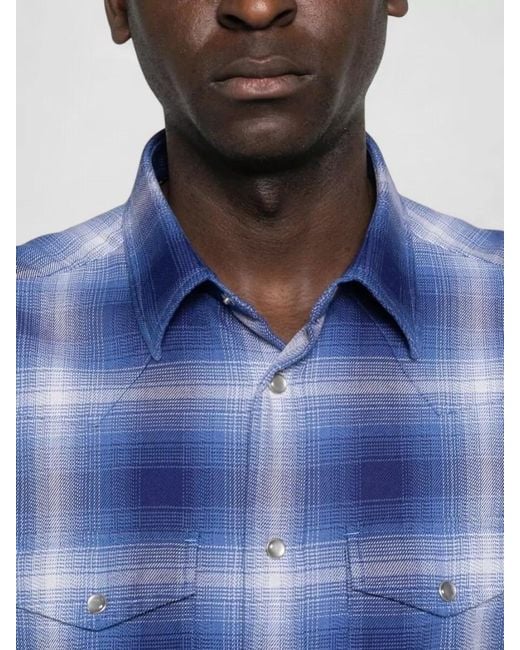 Tom Ford Blue Cotton Checked Slim-Fit Western Shirt for men
