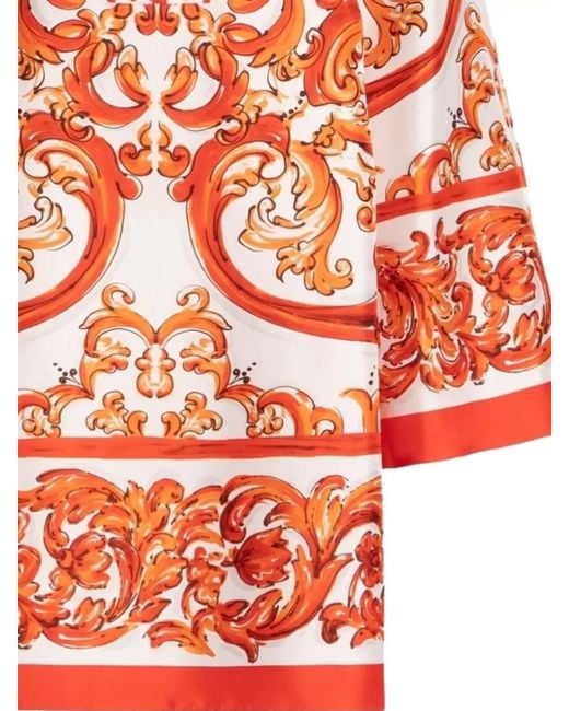 Dolce & Gabbana Red Majolica-Print Silk Twill Mini Kaftan Dress
