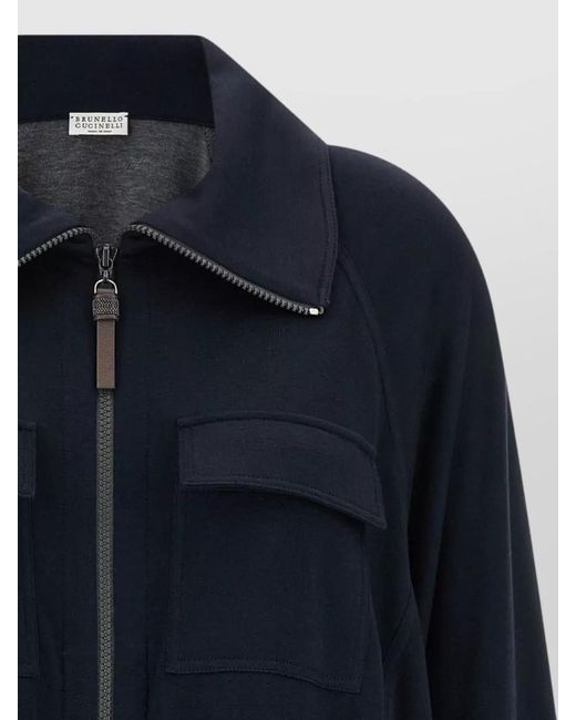 Brunello Cucinelli Blue Zipper Pull Sweatshirt Cotton Silk Interlock