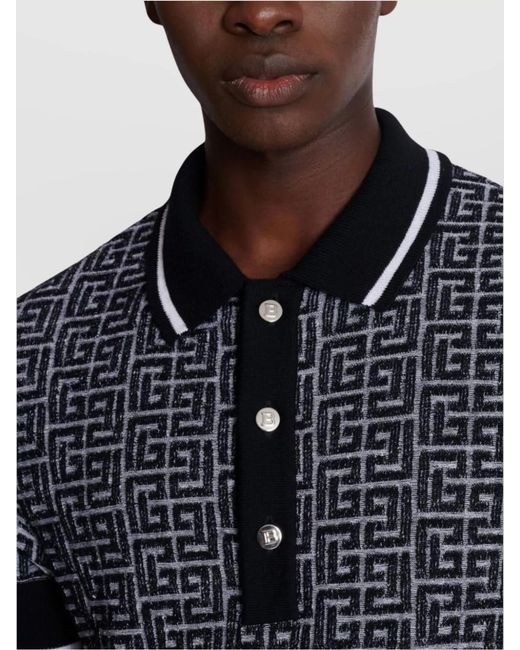 Balmain Blue Merino Wool Knit Patterned Polo Shirt for men