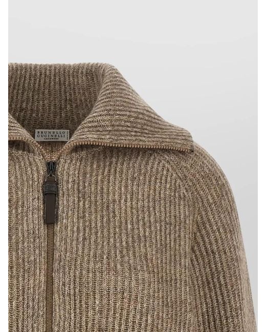 Brunello Cucinelli Natural Cashmere Vicuña Cardigan High Collar Zip