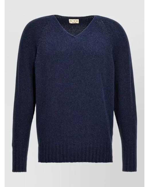 Ma'ry'ya Blue V Neck Fine Knit Long Sleeve Sweater for men
