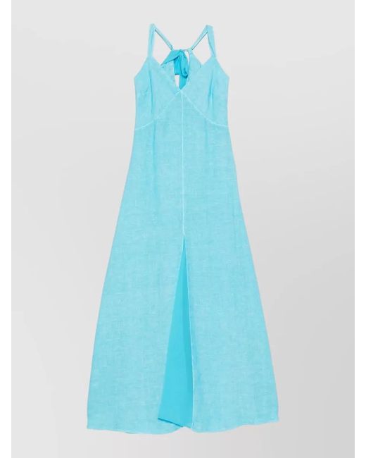 120% Lino Blue Linen Dress Maxi Length Summer Neckline