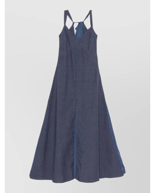120% Lino Blue Linen Long Dress A Line V Neckline