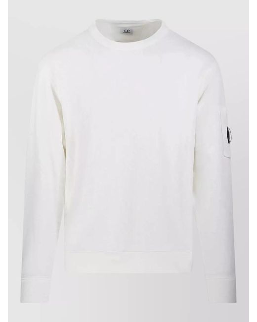 C P Company White Crewneck Fleece Sweatshirt Arm And Front Pocket for men