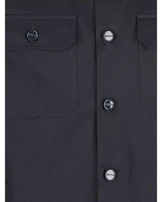 Gucci Blue Cotton Logo-Pattern Long-Sleeve Shirt for men