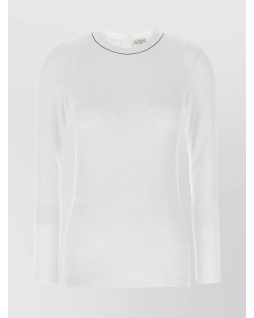 Brunello Cucinelli White Cotton Long-Sleeve Fine-Knit Crew-Neck T-Shirt