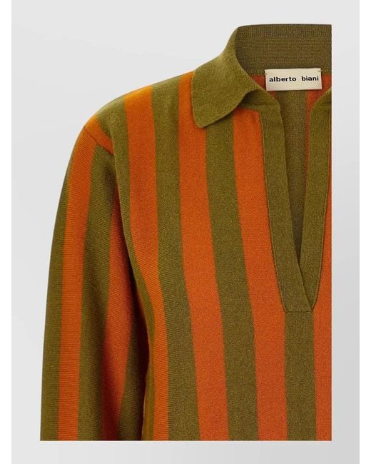 Alberto Biani Brown Cashmere Striped Long-Sleeve Polo Top