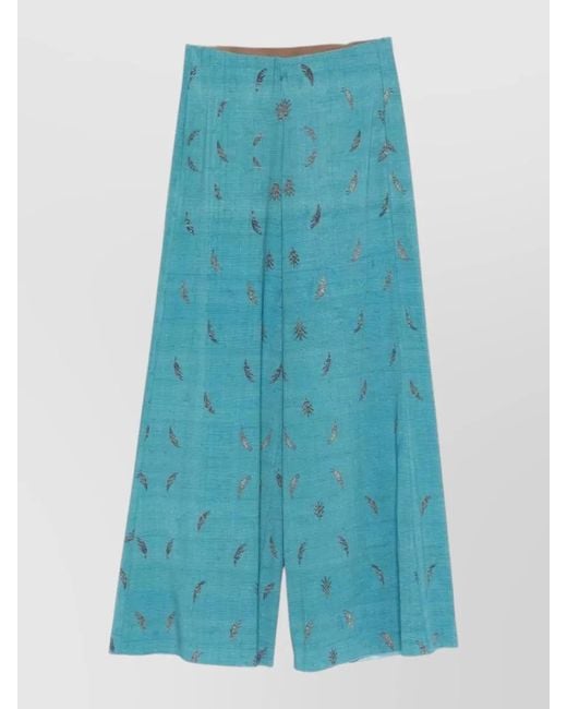 Pierre Louis Mascia Blue Silk Printed Wide-Leg Trousers
