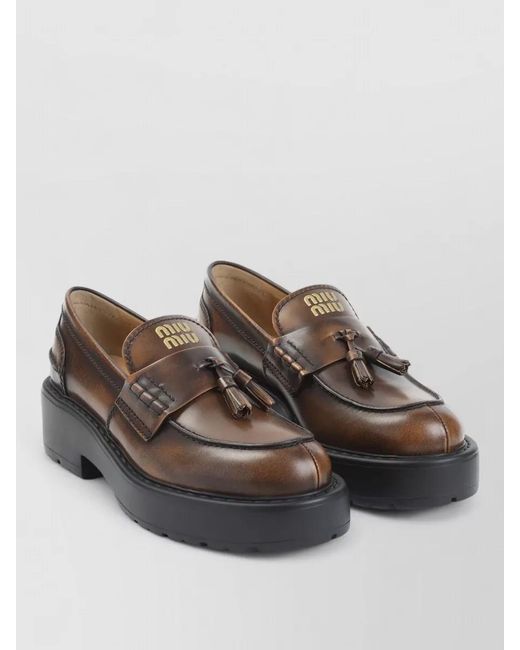 Miu Miu Brown Leather Tassel Platform Loafers