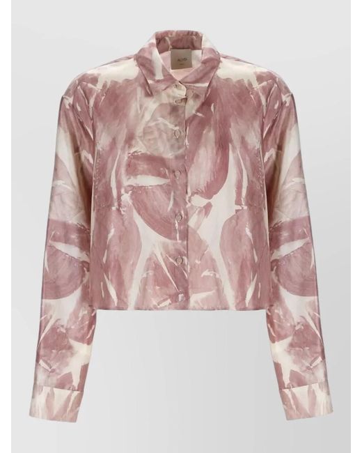 Alysi Pink Silk Shirt Abstract Print Collared Neck Long Sleeves