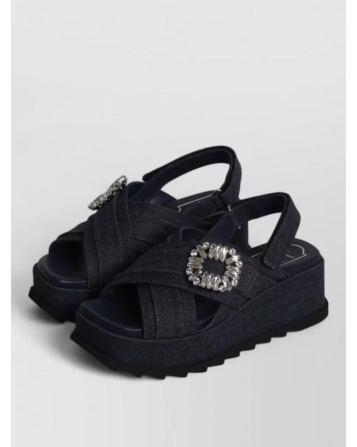 Roger Vivier Black Denim Wedge Sandals Platform Square Toe