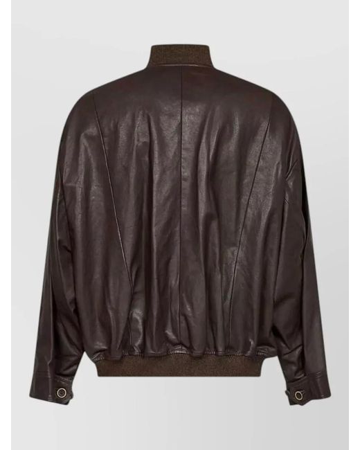 Uma Wang Brown Leather Ribbed-Collar Off-Center Jacket for men