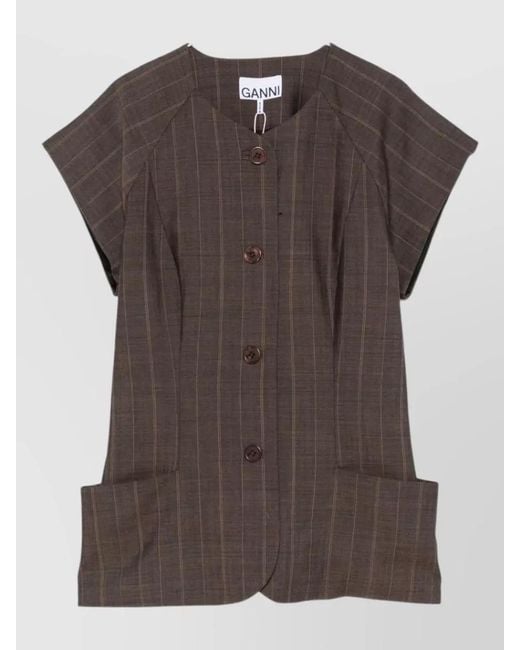 Ganni Brown Cap Sleeve Jacket Striped Pattern Pockets Front