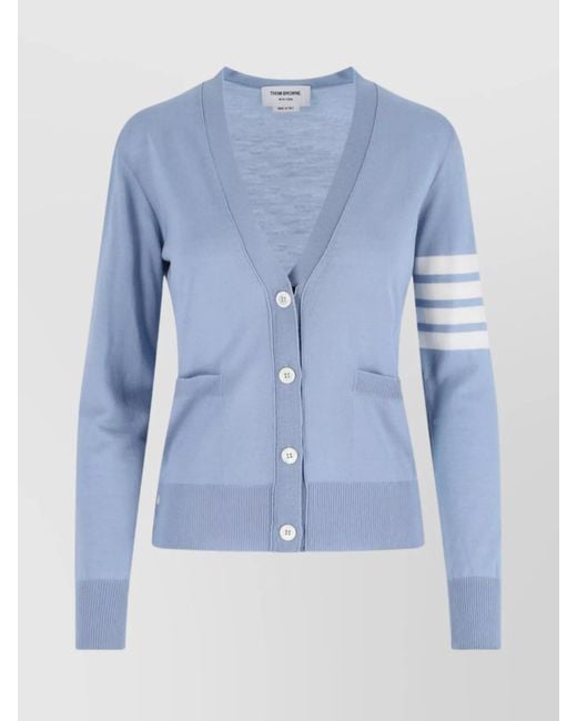Thom Browne Blue Wool V-Neck Long-Sleeve Cardigan