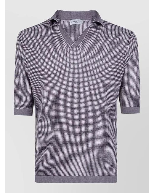 Ballantyne Purple Checked Knit Polo Short Sleeve V Neck for men