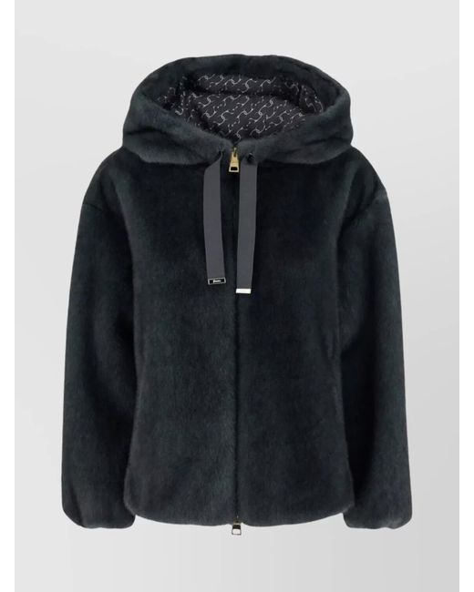 Herno Black Soft Faux Fur Hooded Bomber Jacket