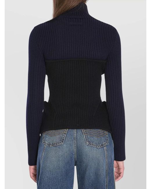 Jean Paul Gaultier Blue Virgin Wool Ribbed High Neck Long Sleeve Jumper