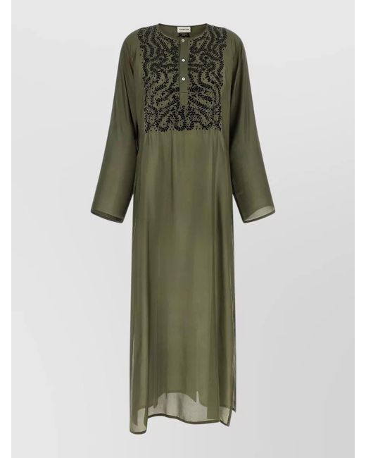 P.A.R.O.S.H. Green Sunset Dress Embroidered Detail Long Sleeves Sheer