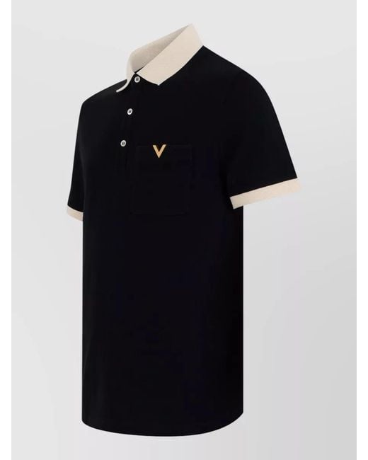 Valentino Garavani Black Pique Polo Shirt Short Sleeves Contrast Collar for men