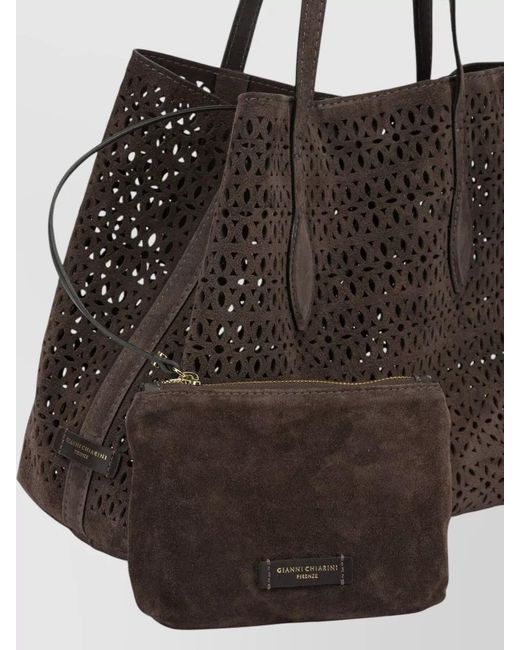 Gianni Chiarini Black Tote Bag Dual Handles Perforated Suede Finish