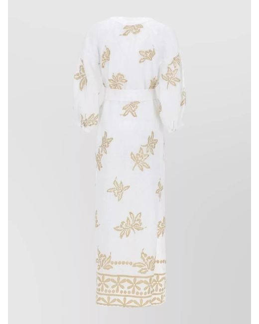 120% Lino White Beach Dress Belted Waist Embroidered Design