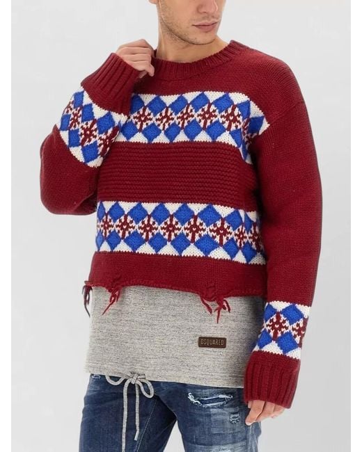 DSquared² Red Argyle Jacquard Knit Crew Neck Sweater for men