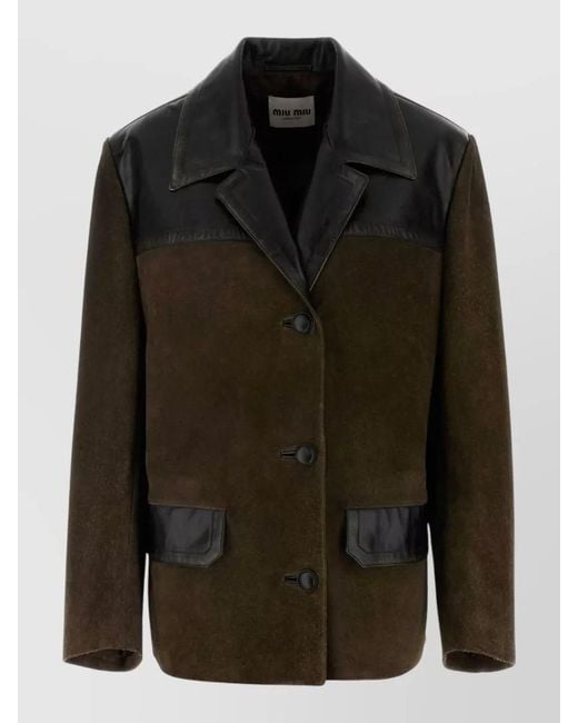 Miu Miu Black Suede Jacket Notch Lapel Long Sleeves