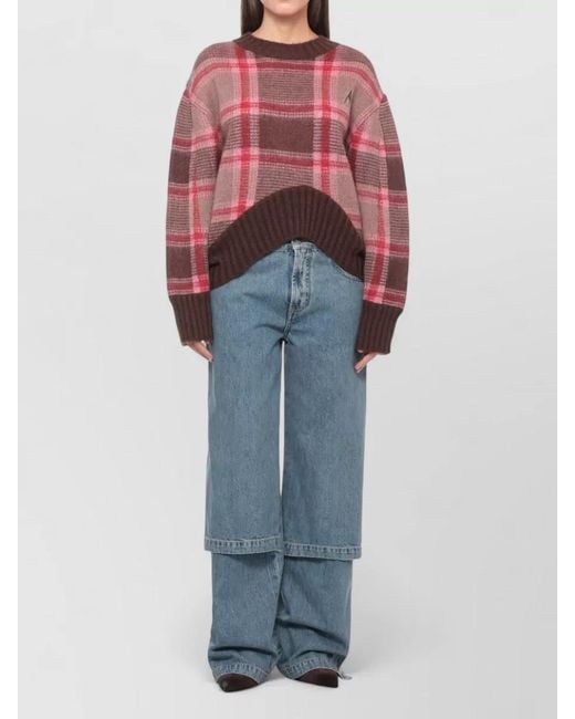 The Attico Red Check Crew Neck Cropped Jersey Top