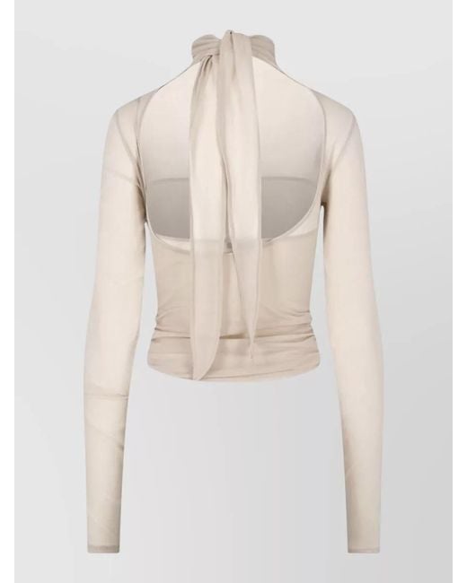 Lemaire Natural Sheer Ruched High Neck Long Sleeve Top