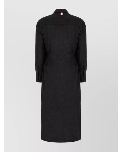 Thom Browne Black Silk Cashmere Belted Midi Shirt Dress