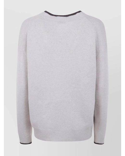 Brunello Cucinelli White Cashmere Fine-Knit V-Neck Long-Sleeve Sweater