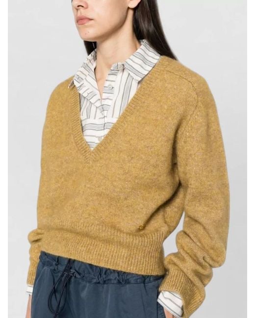 Ganni Natural Cropped V Neck Long Sleeve Top