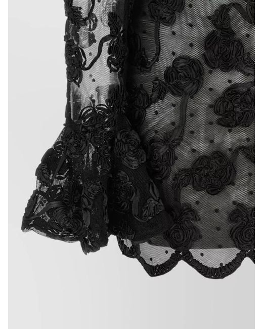 ROTATE BIRGER CHRISTENSEN Black Mesh Dress Floral Embroidery Flared Sleeves