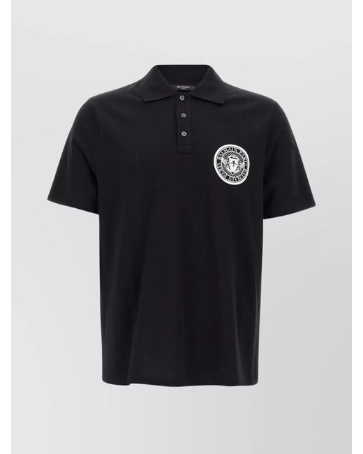 Balmain Black Cotton Coin Print Short-Sleeve Polo Shirt for men