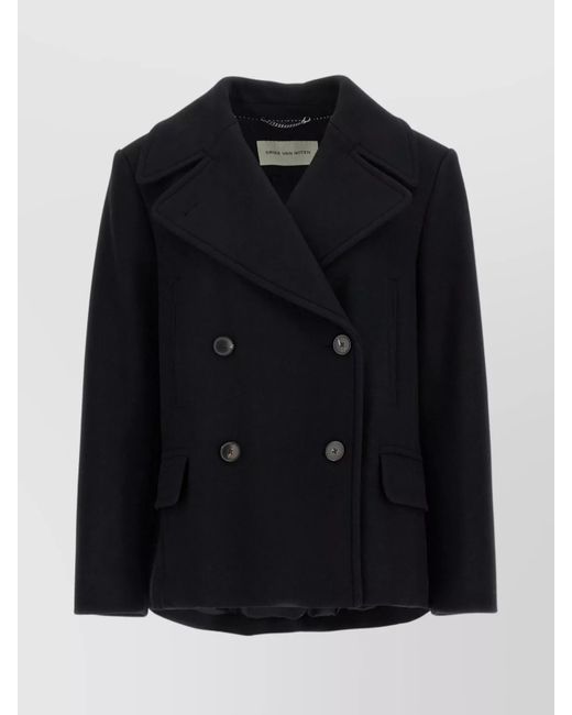 Dries Van Noten Black 'Vafel' Coat Double-Breasted Notched Lapels