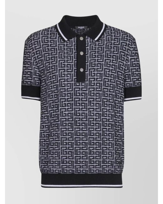 Balmain Blue Merino Wool Knit Patterned Polo Shirt for men