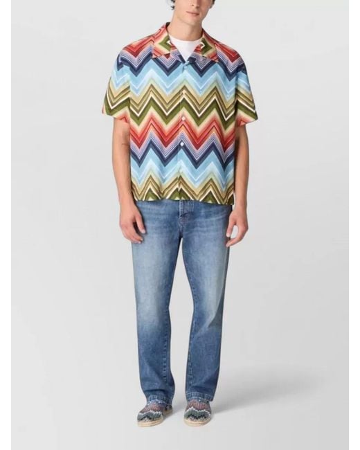 Missoni Blue Short Sleeve Shirt Chevron Pattern for men