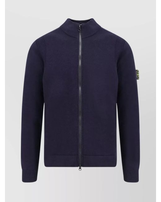 Stone Island Blue Virgin Wool Blend Cardigan With High Collar for men