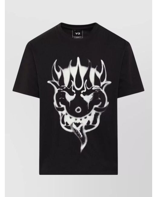 Y-3 Black Cotton Crew Neck Graphic Print T-Shirt for men