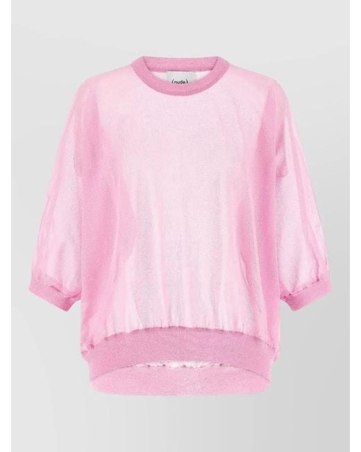 Nude Pink Semi Sheer Cotton Crew Neck Sweater
