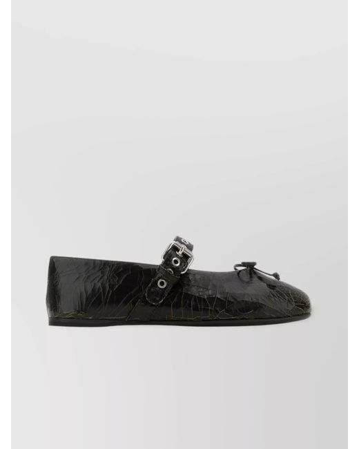 Miu Miu Black Leather Ballerinas With Bow Detail And Textured Finish