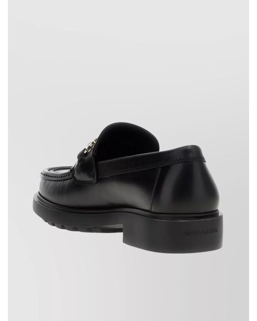 Ferragamo Black Round Toe Loafers With Metallic Buckle for men