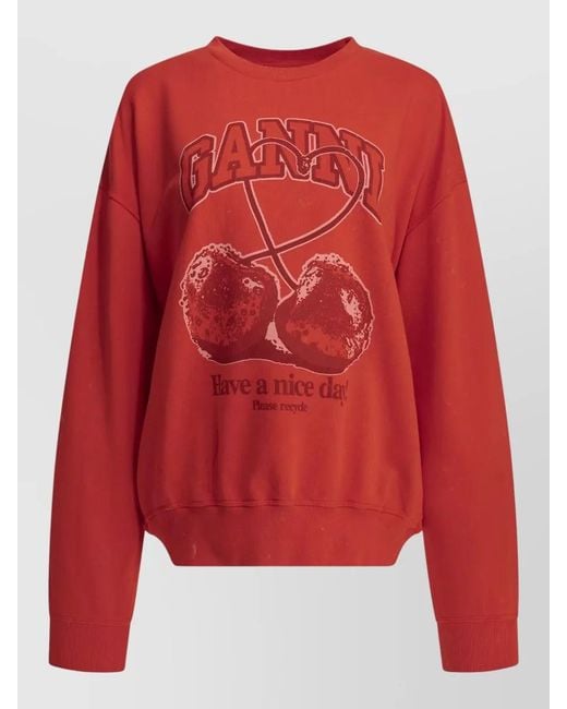 Ganni Red Cherries Knit Crewneck Long Sleeve Sweater